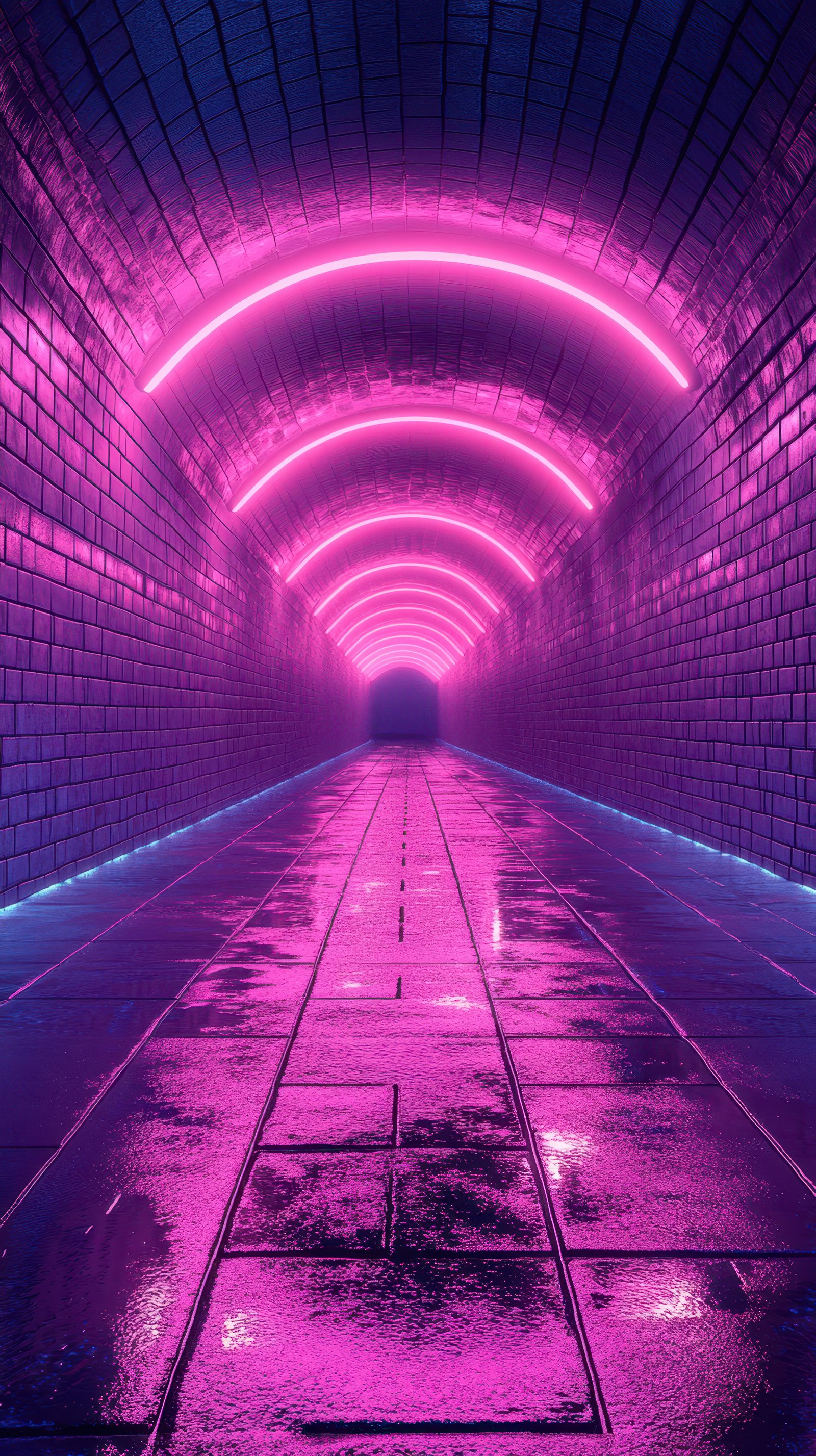 Colorful neon-lit tunnel with glowing arches reflecting on wet tiles in an underground passageway during the night